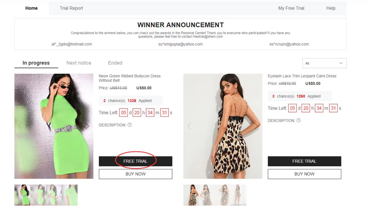 Accesso alla sezione Free Trial Center di Shein
