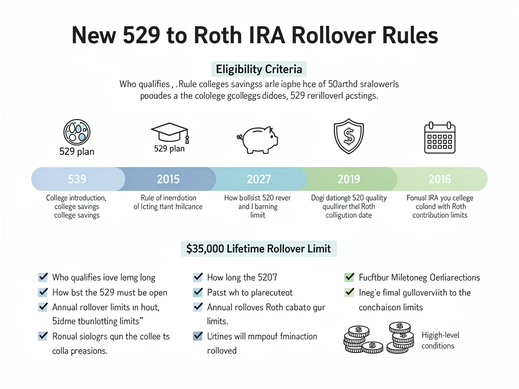 Infographic detailing 529 to Roth IRA rollover rules and timeline