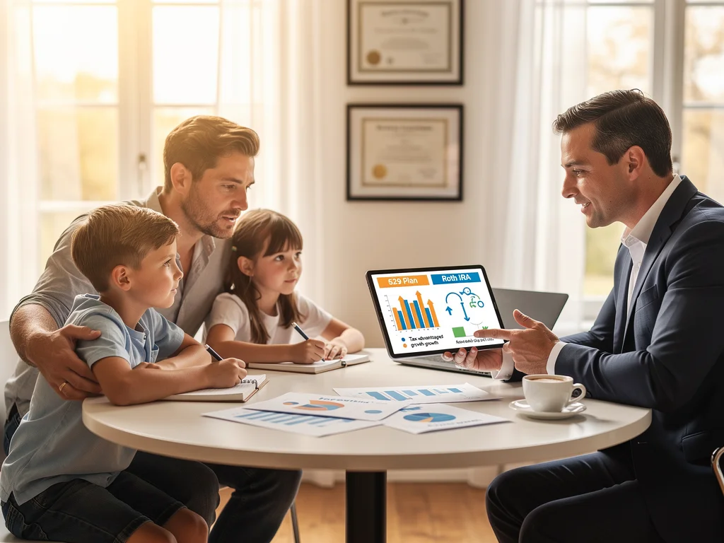 Financial advisor explaining 529 to Roth IRA benefits to a family